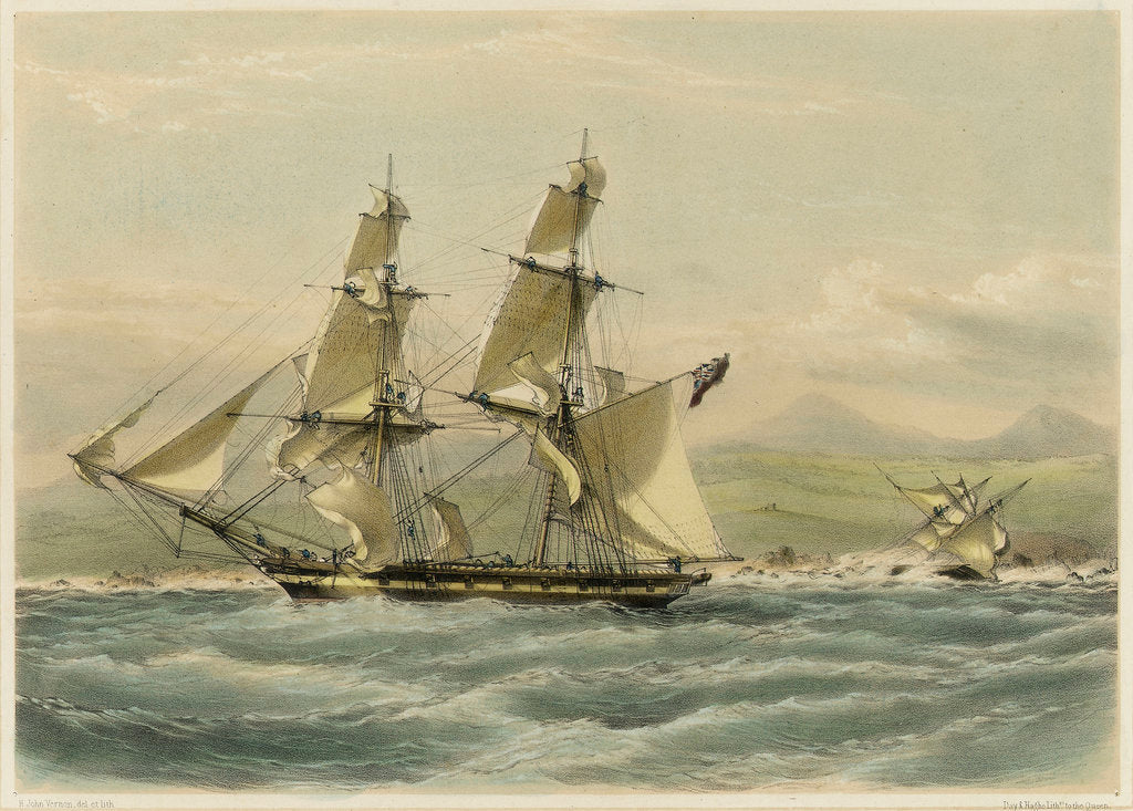 Detail of HM brig 'Frolic', 16 guns, slaver driven on shore, coast of Brazil by John Vernon