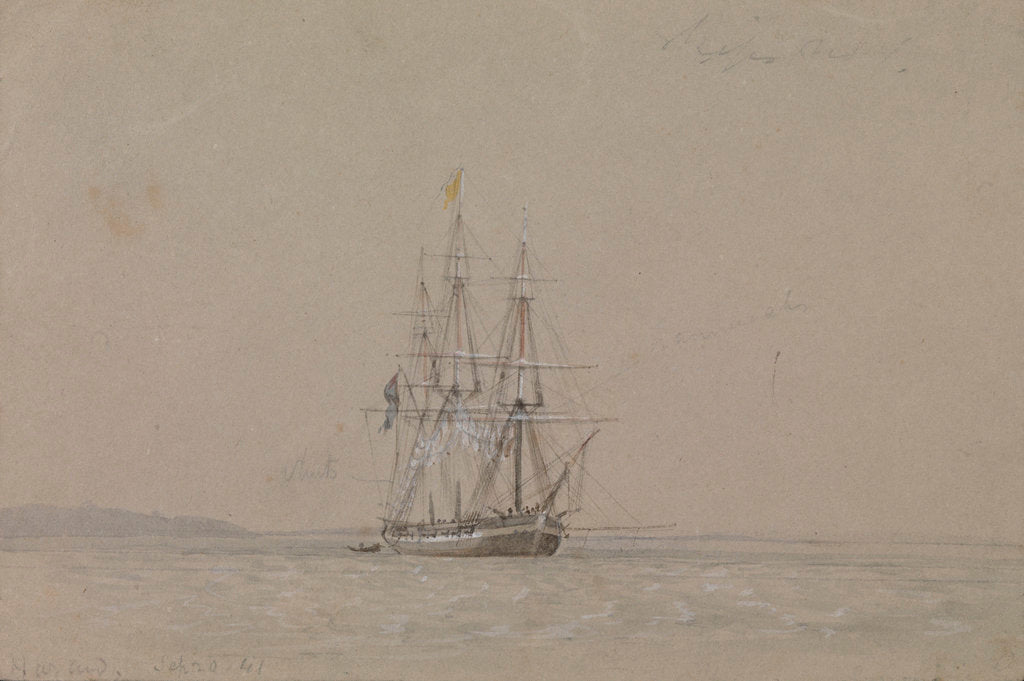 Detail of HMS 'Hazard', 20 September 1841, flying a yellow quarantine flag, with notes by Oswald Walter Brierly