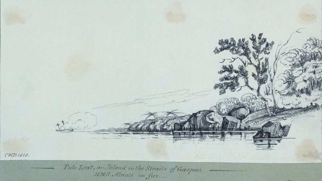 Detail of Pulo Leat, an Island in the Straits of Gaspar: HMS 'Alceste' on fire by C. W. Browne