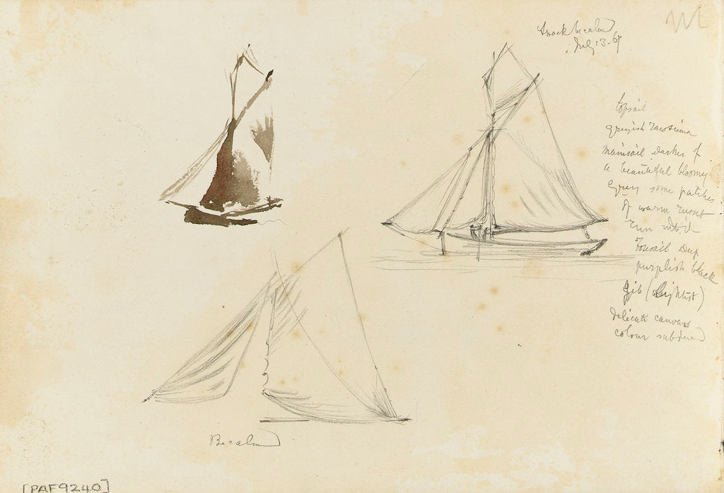 Detail of Two rough coastal profile sketches, one with a sailing vessel by John Brett