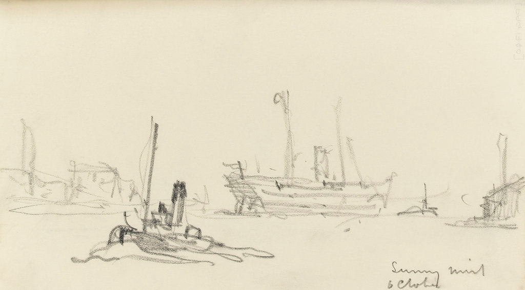 Detail of Sketch of SS Inchmore and tug in Woolwich Reach (on reverse) by Nelson Dawson