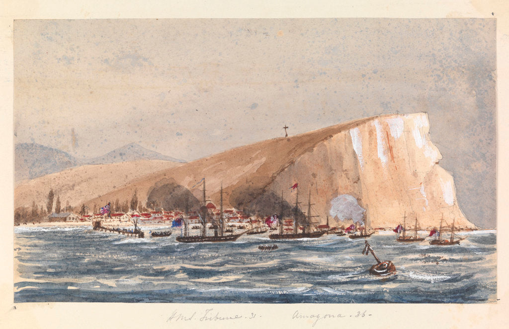 Detail of Sea attack on a coastal town by Harry Edmund Edgell