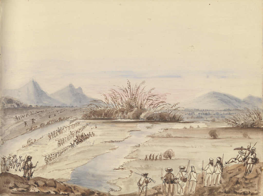 Detail of Battle of the White Cloud Mountains showing troops lined up either side of a river by Harry Edmund Edgell
