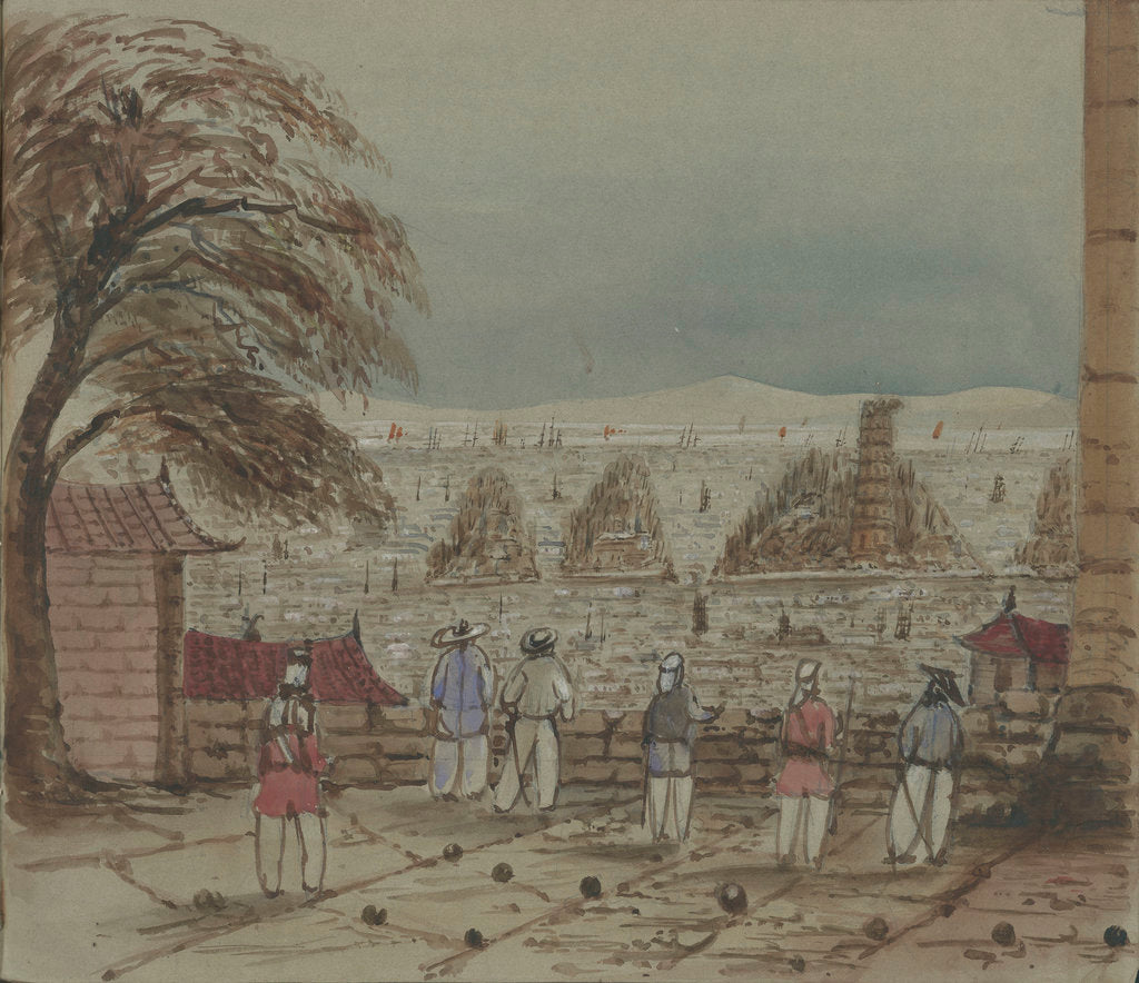 Detail of Canton. View from inside a fort showing guards looking out over sea with a pagoda on a small island by Harry Edmund Edgell