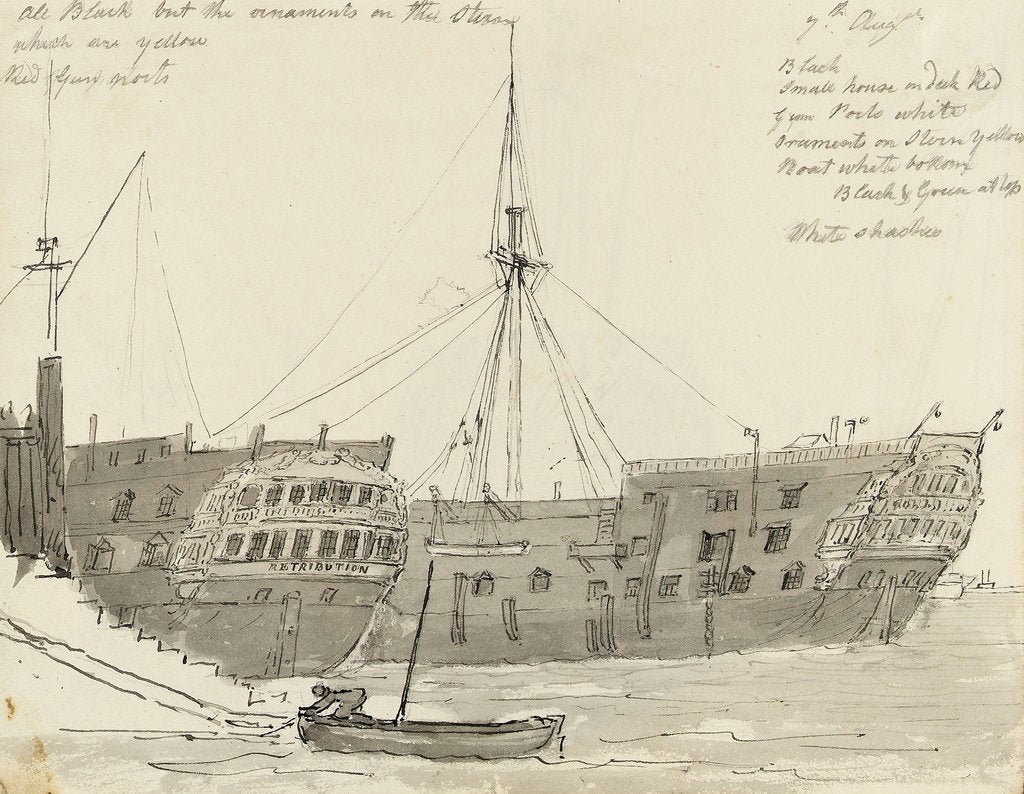 Detail of Two prison hulks at quayside by John Grieve