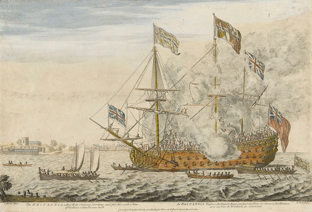 Detail of Brittannia' with a view of Woolwich, where she was built by Thomas Baston