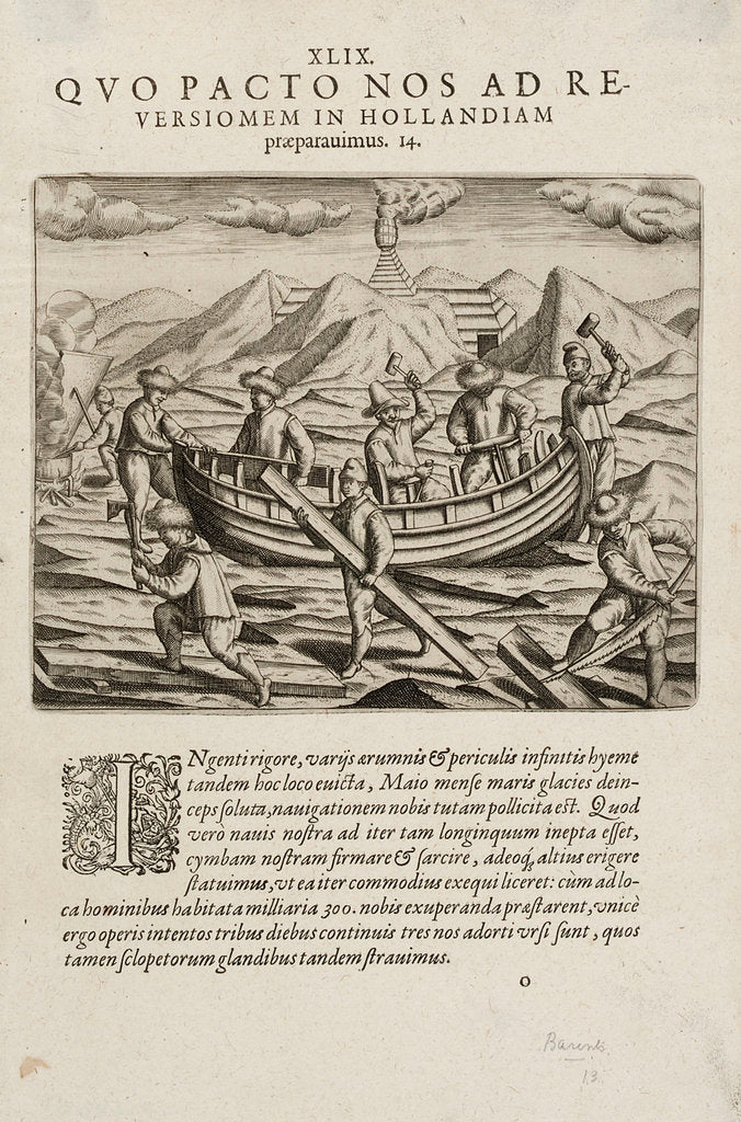 Detail of Willem Barents' voyage, May 1597. Rebuilding and strengthening the boat by Johannus Theodorus de Bry