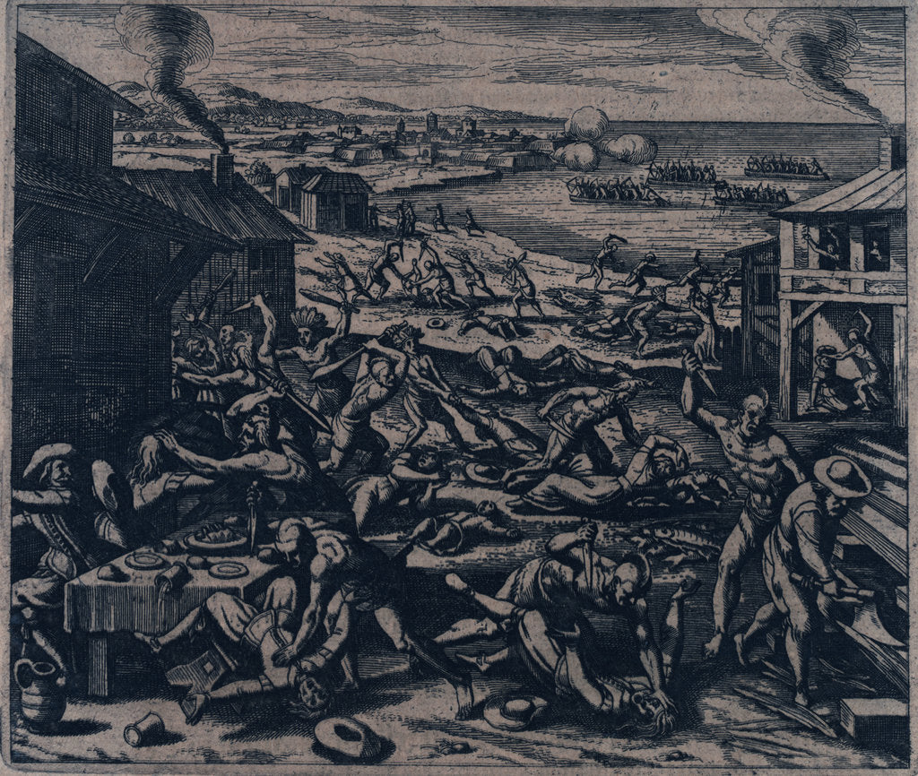 Detail of Indians slaughtering the English near Jamestown by Gottfried