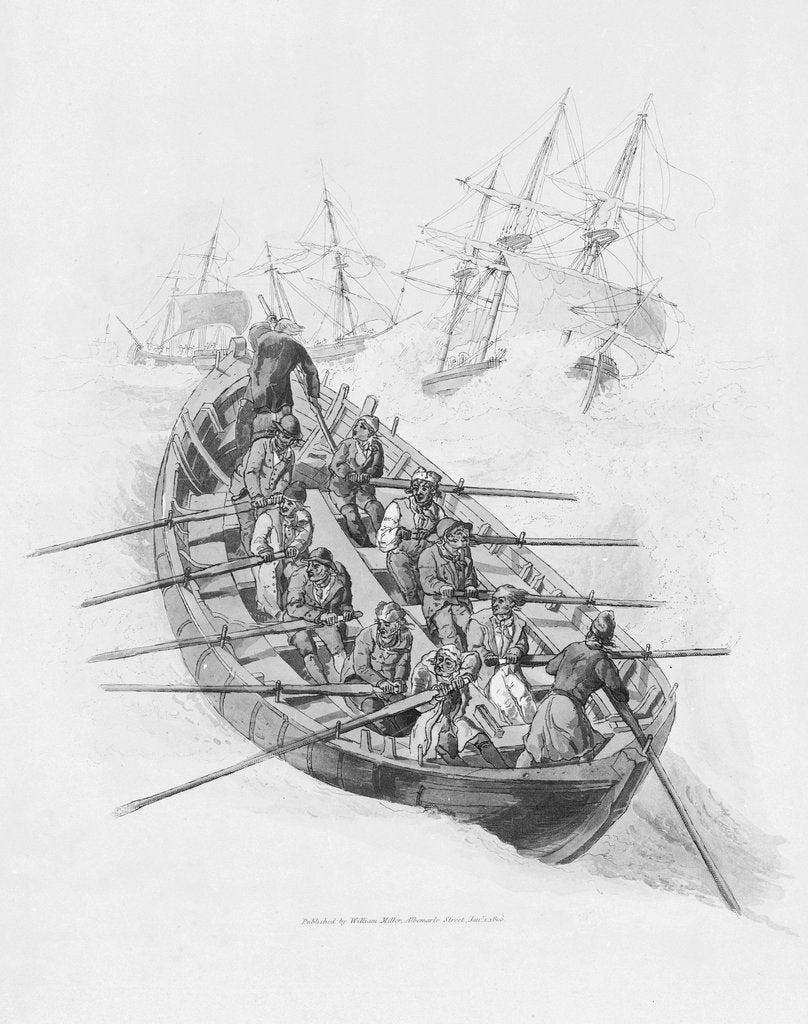 Detail of Eleven figures in a lifeboat going out to vessels in a rough sea by William Miller