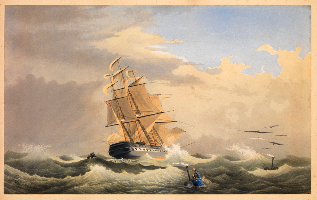 Detail of A ship at sea with a demonstration of Whitby's life-saving equipment by Haverfield