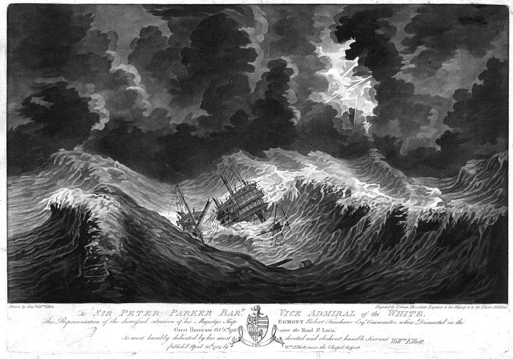 Detail of To Sir Peter Parker... This Representation of the distressed situation of his Majesty's Ship 'Egmont'... when dismasted in the Great Hurricane, Oct 6th, 1780 near the Island St Lucia... by... William Elliott by William Elliott
