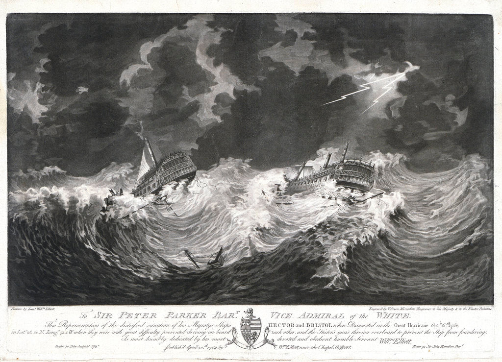 Detail of To Sir Peter Parker... This Representation of the distressed situation of his Majesty's Ships 'Hector' and 'Bristol' when dismasted in the Great Hurricane, Octr 6th, 1780... by... Willm Elliott by William Elliott