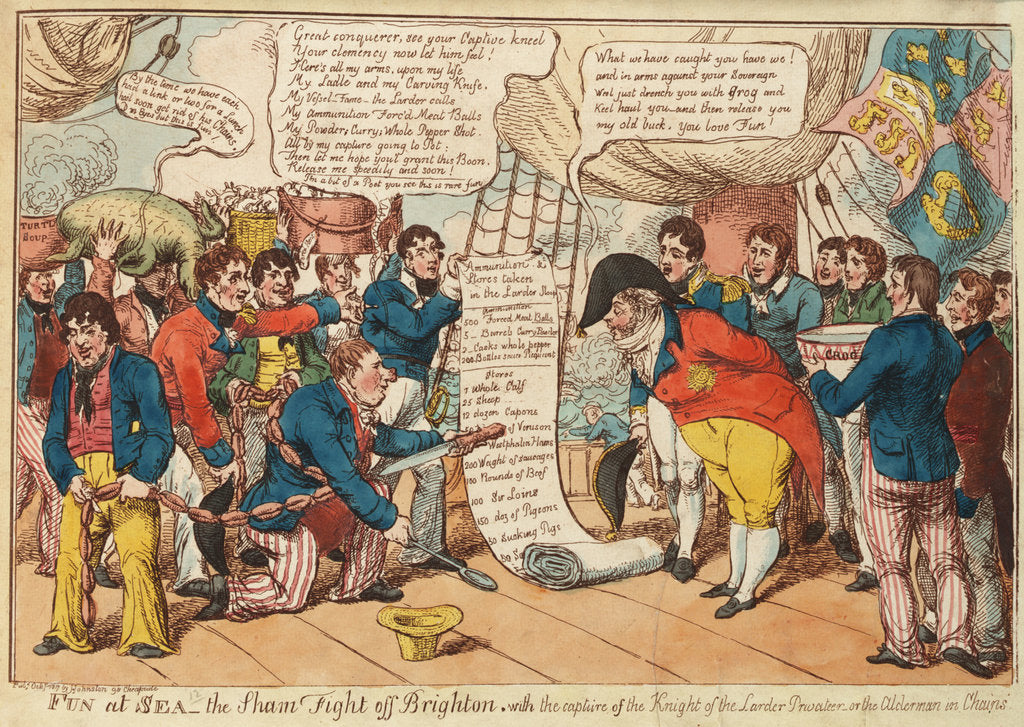 Detail of Fun at Sea - the Sham Fight off Brighton with the capture of the Knight of the Larder Privateer - or the Alderman in Chains (Sir William Curtis and Prince Regent) by Johnston