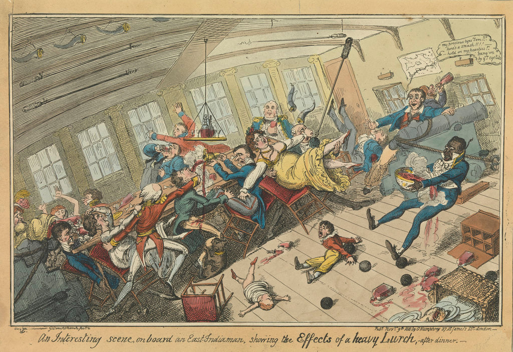 Detail of An Interesting scene on board an East Indiaman, showing the Effects of a heavy Lurch, after dinner by George Cruikshank