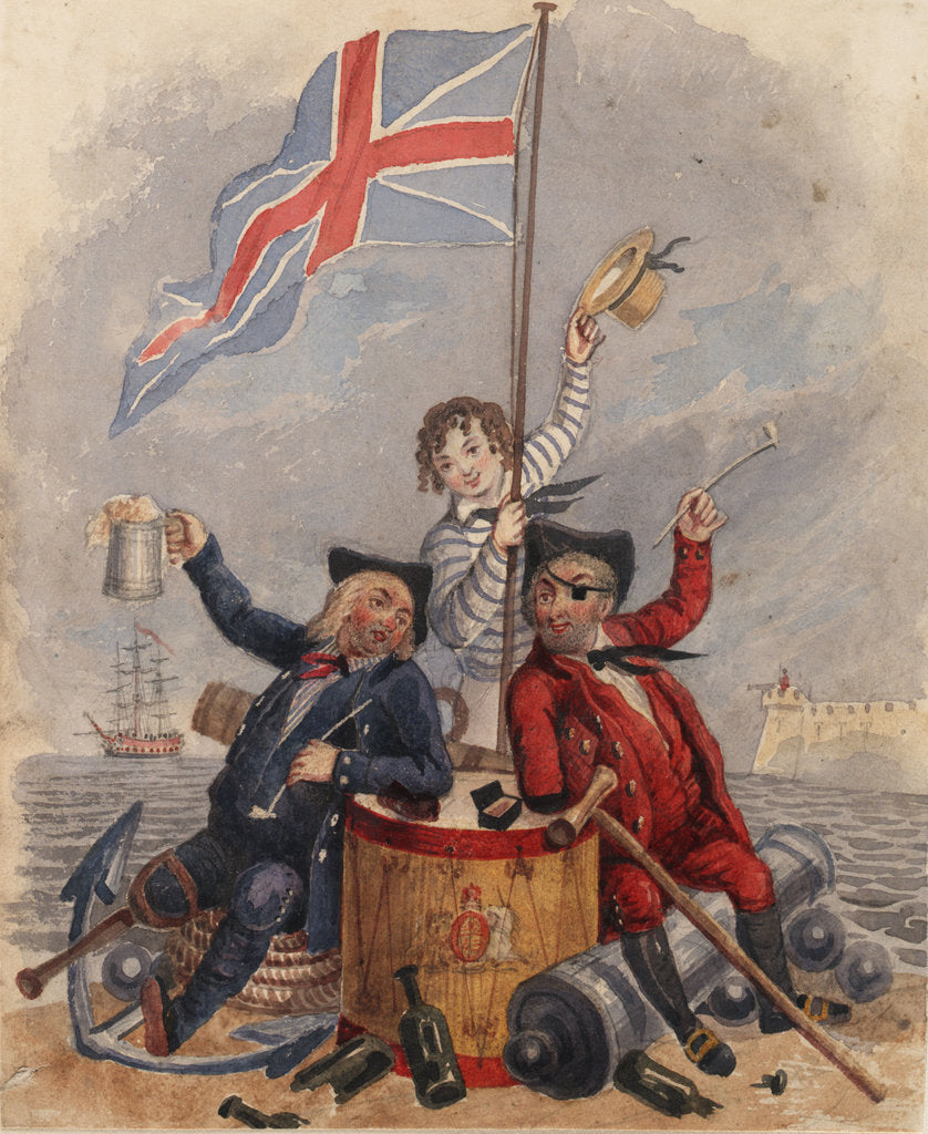 Detail of Disabled sailor and soldier leaning on drum toasting Union Flag supported by young sailor by unknown