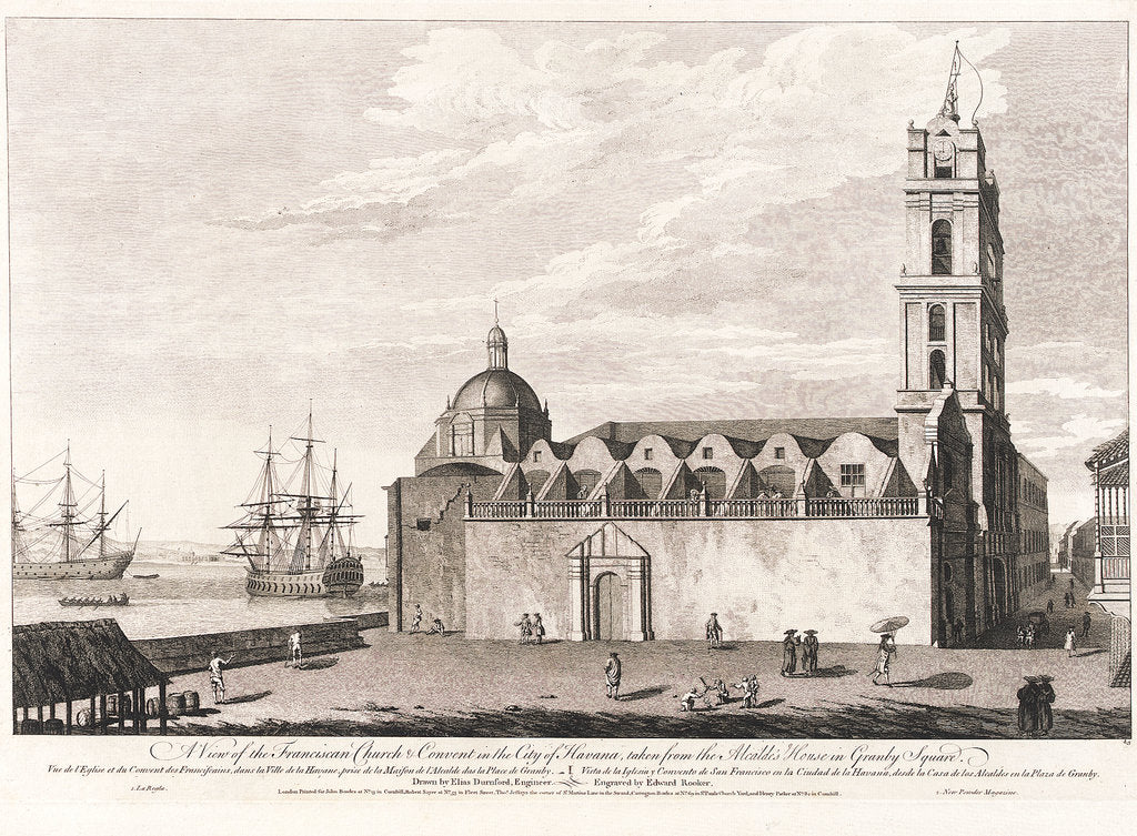 Detail of A view of the Franciscan church & convent in the city of Havana, taken from the Alcade's House in Granby Square by Elias Dumford
