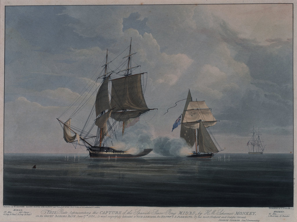 Detail of The capture of the Spanish slave brig 'Midas' by HM Schooner 'Monkey' on the Great Bahama Bank, 27 June 1829 by William John Huggins