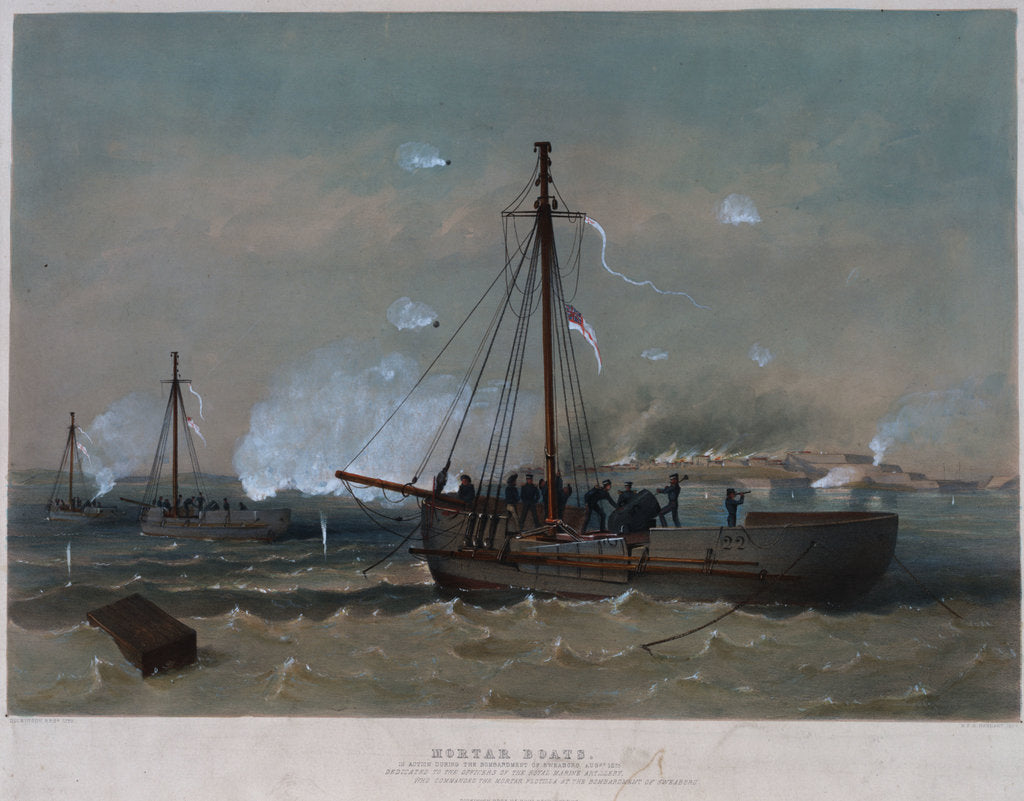 Detail of Mortar boats in action during the bombardment of Sweaborg, August 1855 by Dickinson Bros