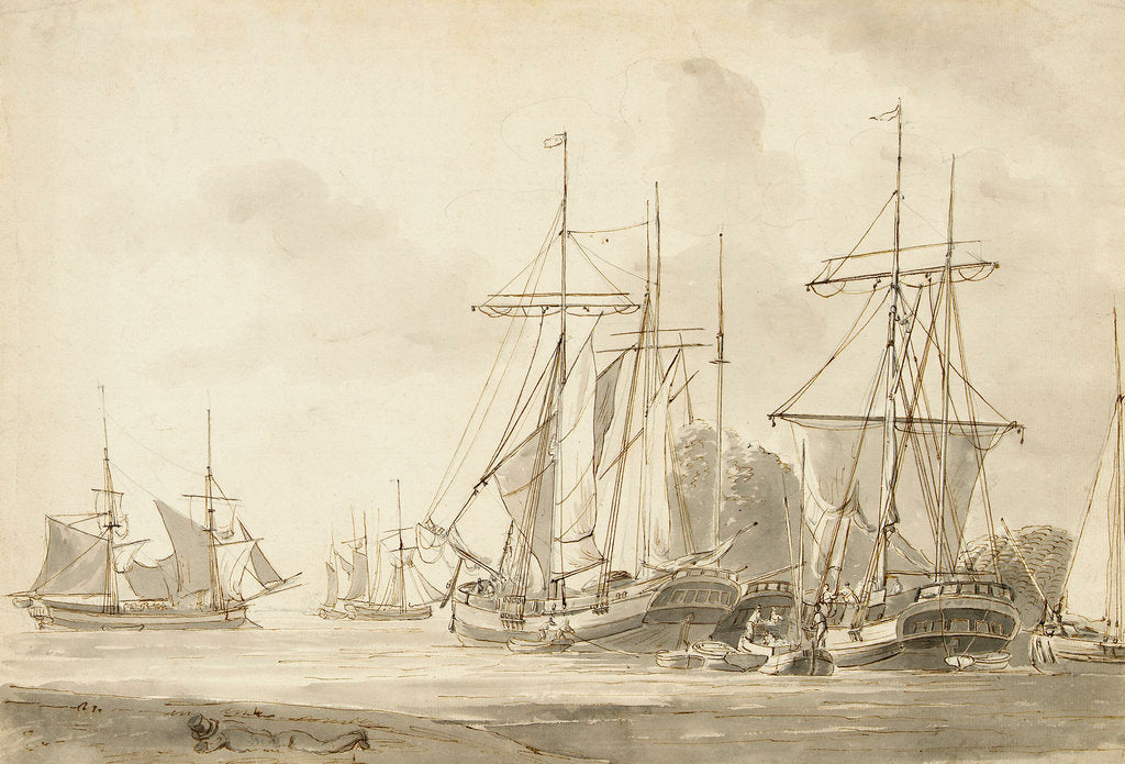 Detail of Group of brigs at anchor in a harbour by Gerrit Groenewegen