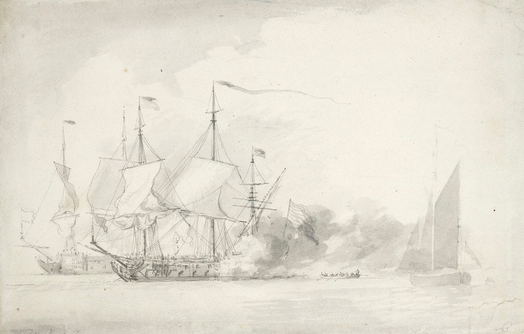 Detail of Dutch men of war firing a salute? by Willem van de Velde the Elder