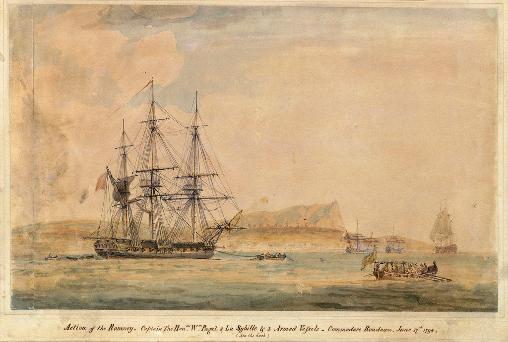 Detail of Action of the Romney... & La Sybille & 3 armed vessels... June 17th 1794 (off Miconi, Grecian Archipelago) by J. Livesay