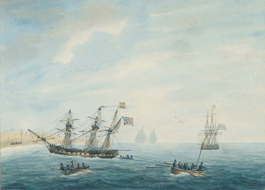 Detail of No.1. Thetis on shore near Currituck Inlet, North Carolina Dec 23rd 1794... Cleopatra at anchor near her. Thisbe and Lynx answering private signals by George Tobin