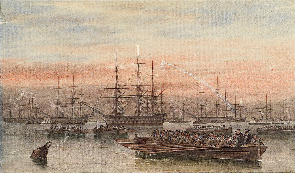 Detail of The Baltic fleet at night with ship's boats in the foreground by John Wilson Carmichael