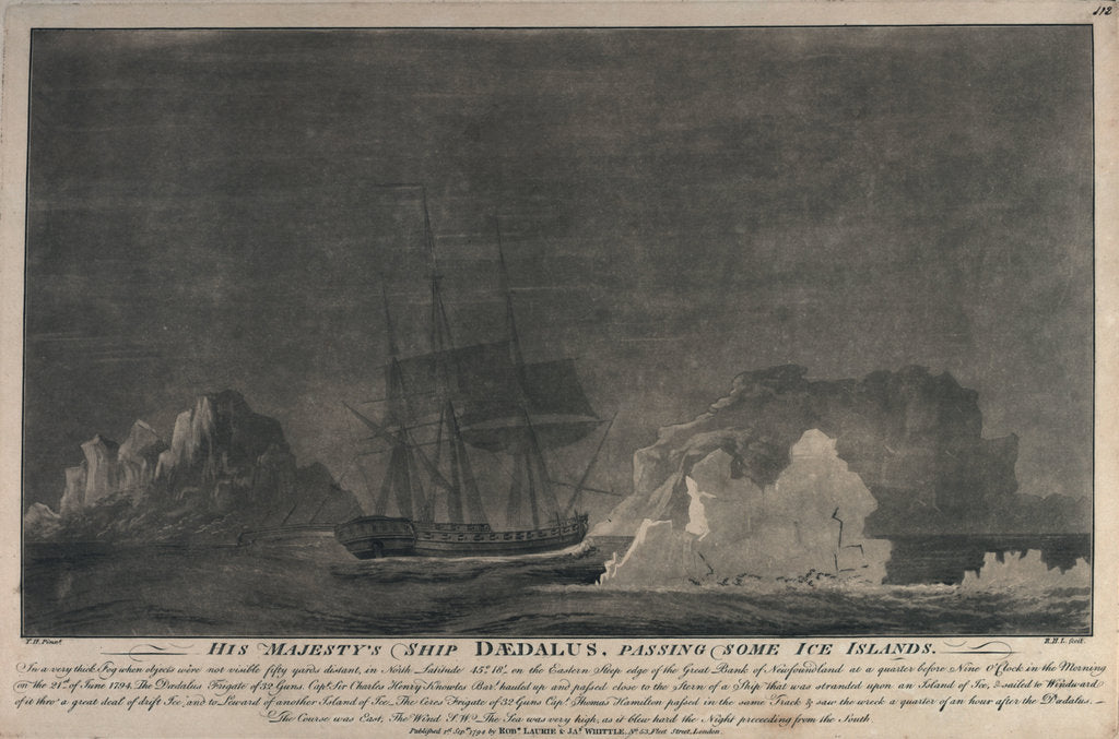 Detail of HMS 'Daedalus' passing some ice islands.... on the Eastern Steep edge of the Great Bank of Newfoundland by J. H.