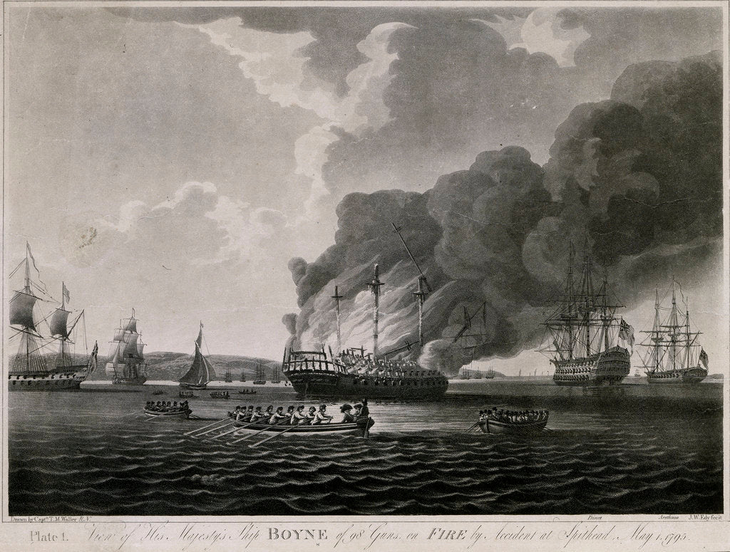 Detail of View of HMS 'Boyne' 98 guns, on fire by accident at Spithead, May 1795 by T.M. Waller