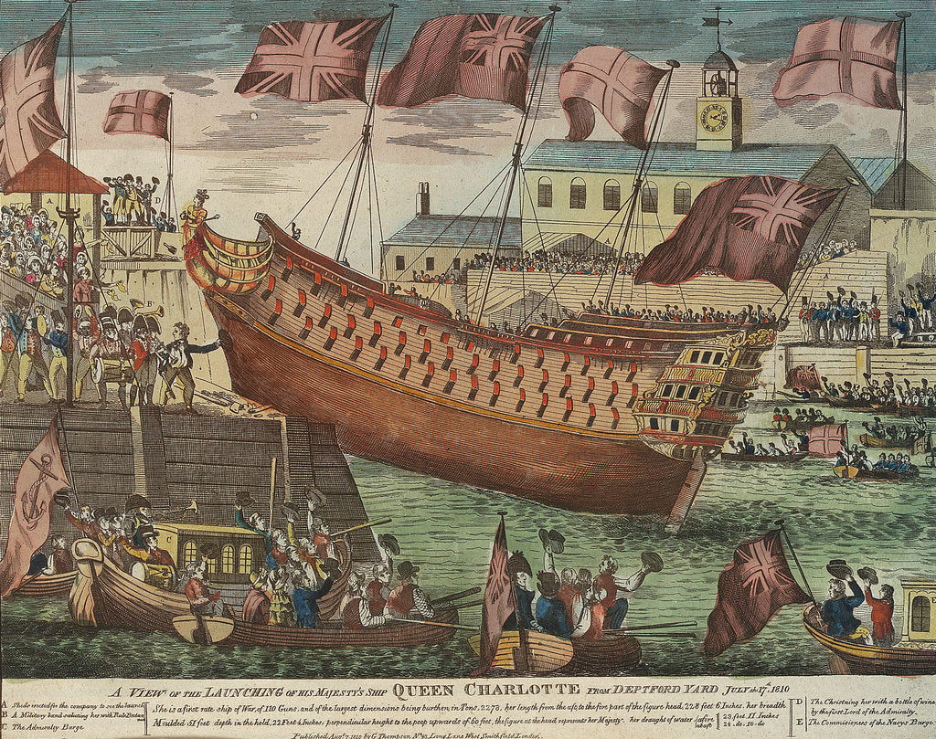 Detail of A view of the launching of HMS'Queen Charlotte' from Deptford Yard, 17 July 1810 by unknown