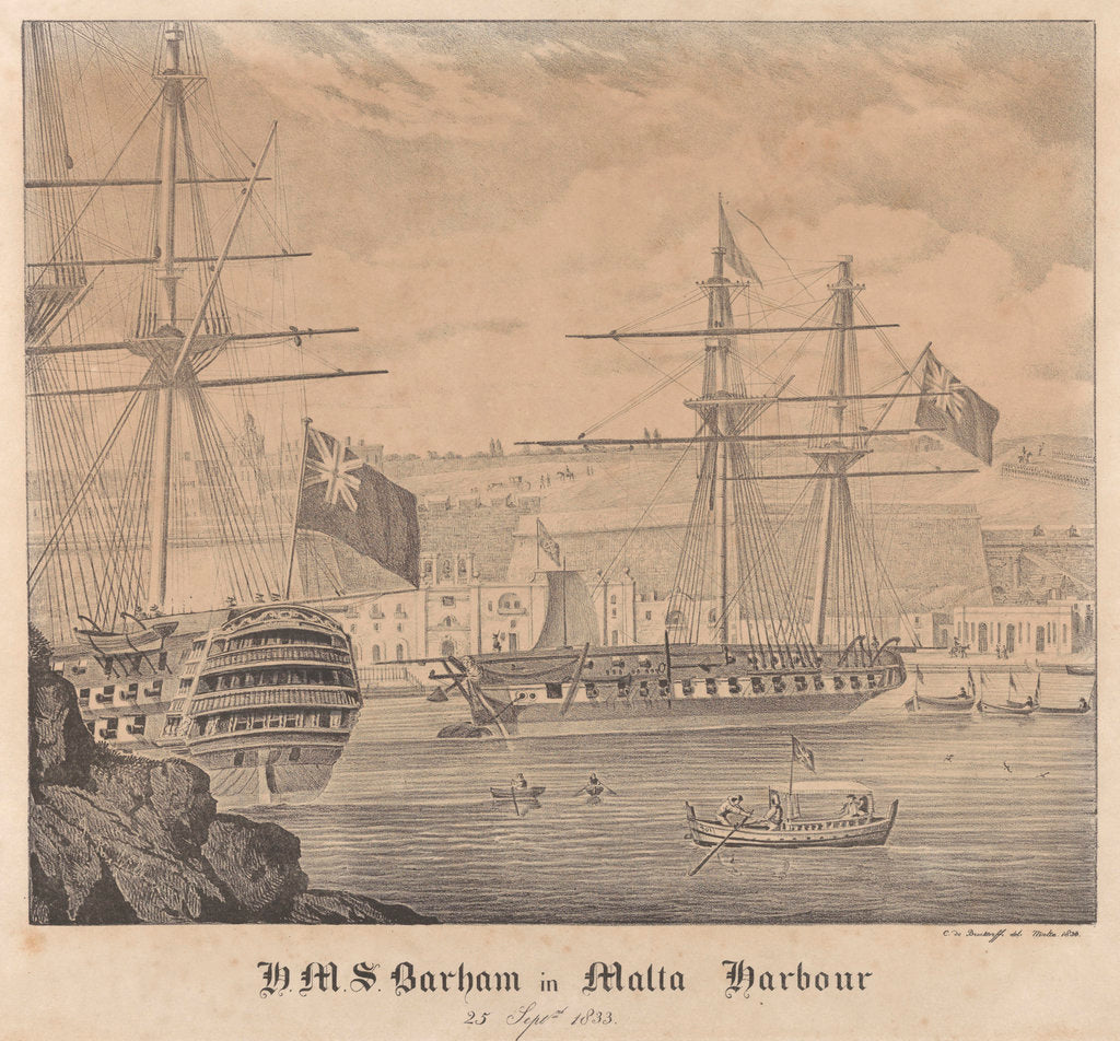 Detail of HMS 'Barham' in Malta Harbour 25 September 1833 by James Kennett Willson