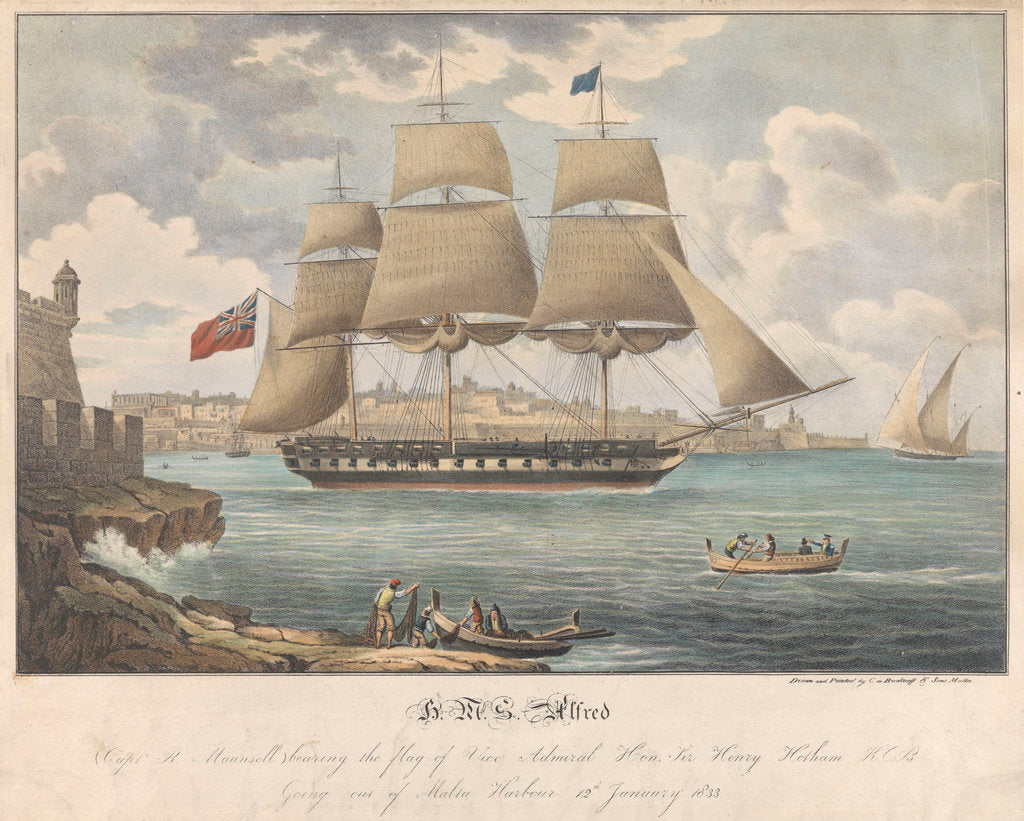 Detail of HMS 'Alfred' going out of Malta Harbour, 12 January 1833 by C. de Brocktorff