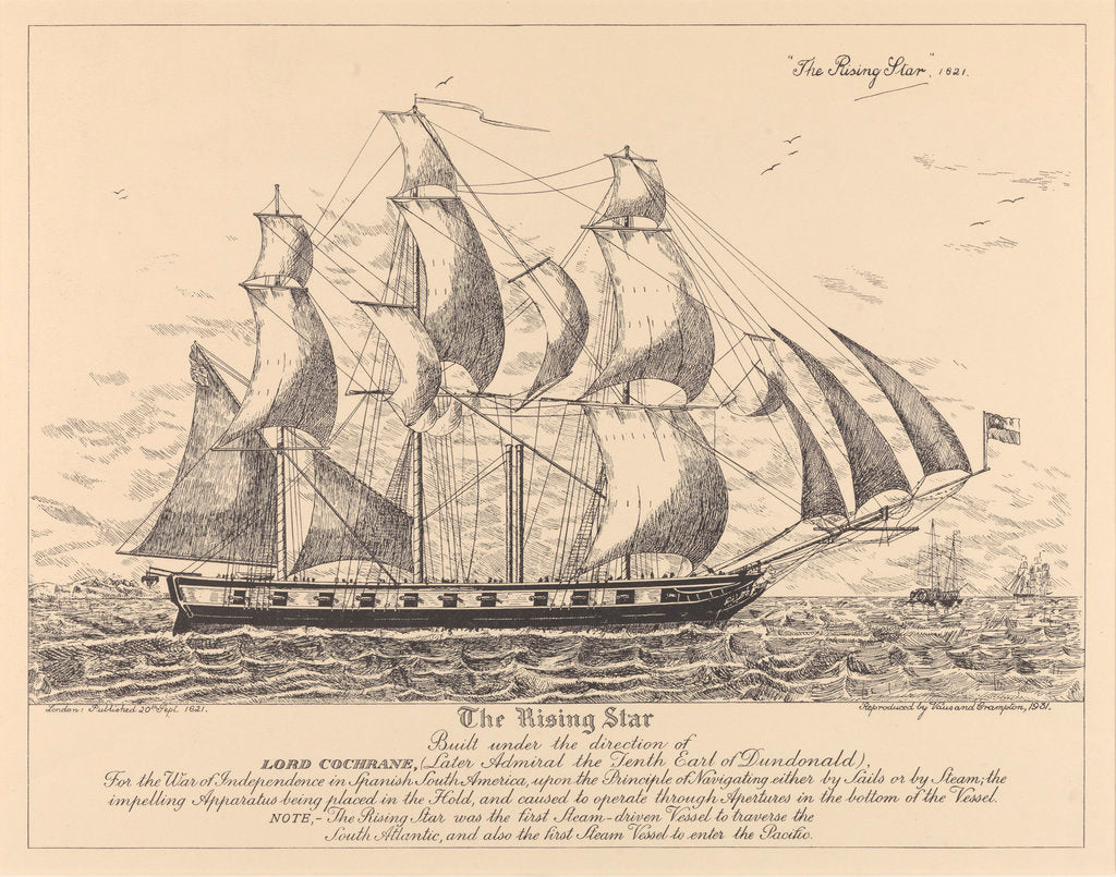 Detail of The 'Rising Star' (1821) built.... for the War of Independence in Spanish South America.... sails or by steam.... first Steam-driven Vessel to traverse the South Atlantic, and also the first Steam Vessel to enter the Pacific by Vaus & Crampton