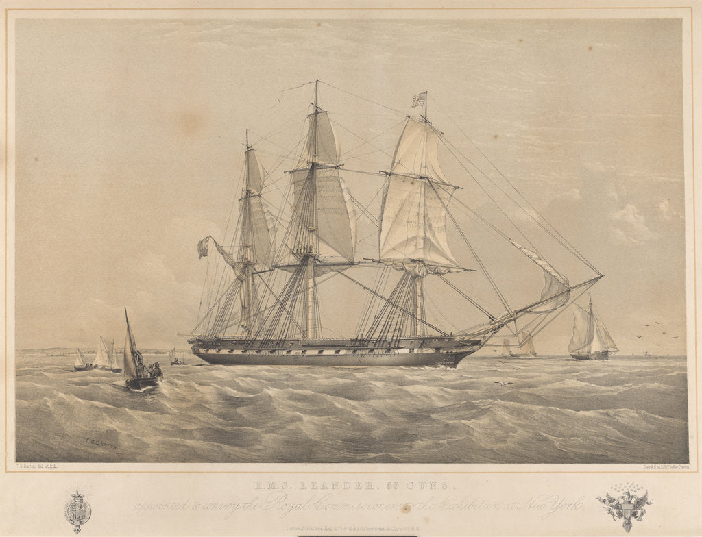 Detail of HMS 'Leander' (1848), 50-gun vessel, appointed to convey the Royal Commissioners to the Exhibition at New York by Ackermann