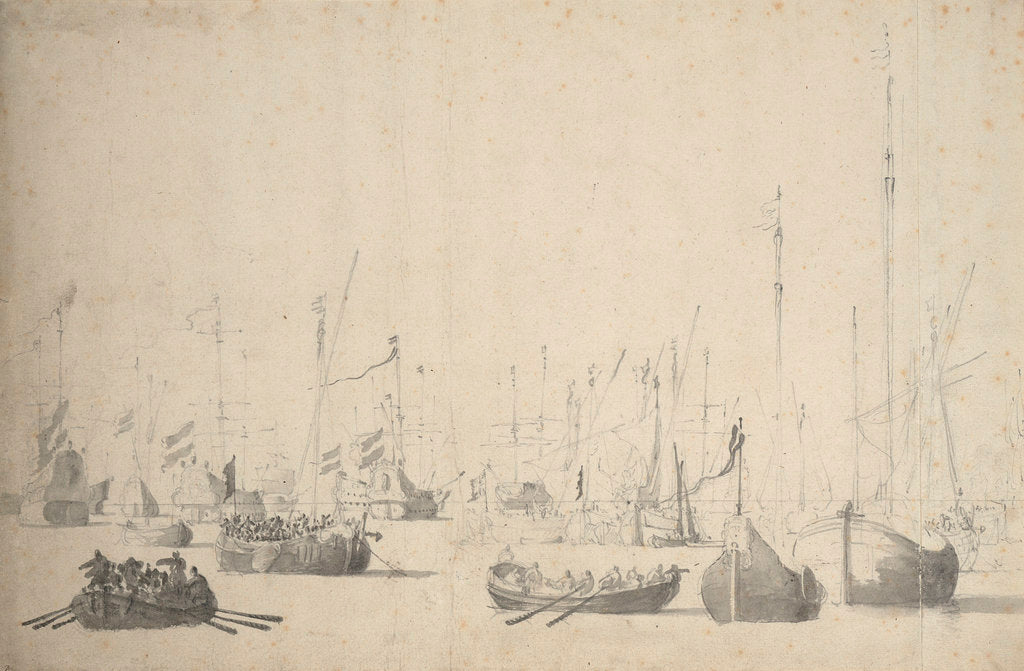 Detail of A crowded harbour with Dutch ships, smalschips and other craft by Willem van de Velde the Elder