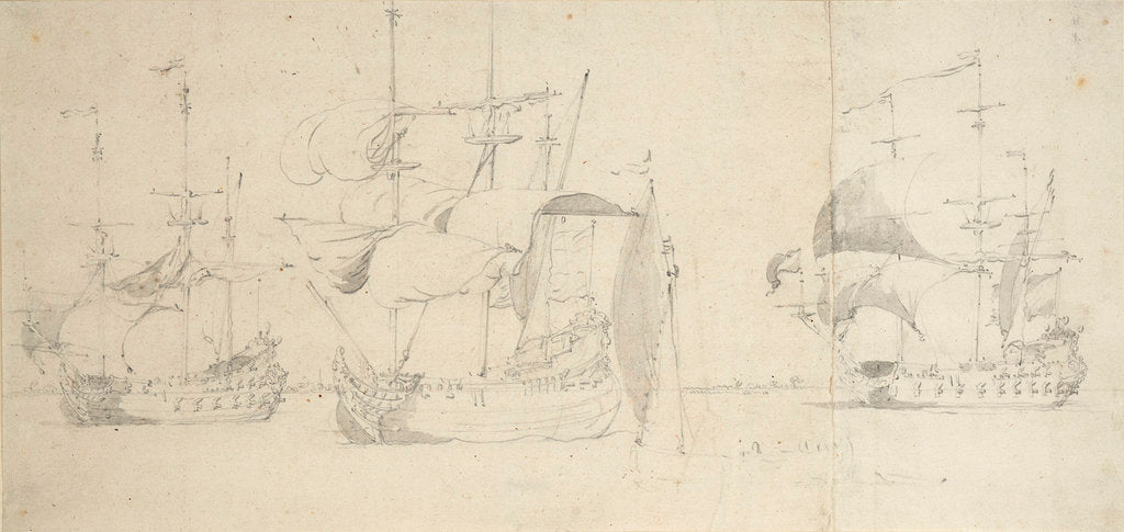 Detail of A flute, a Dutch merchantman and a frigate taking in sail in a light breeze by Willem van de Velde the Elder