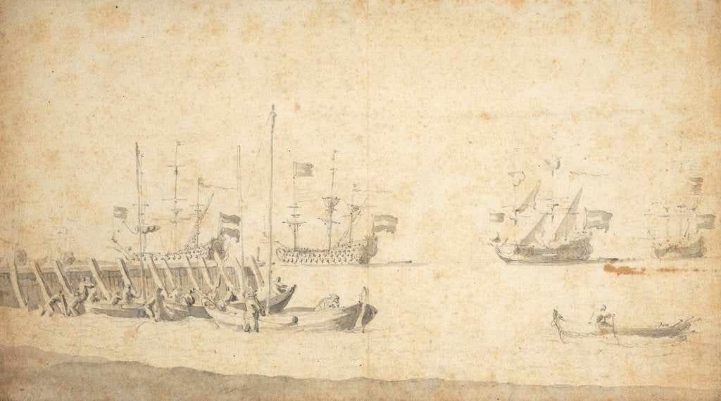 Detail of Weyschuits near a pier: Dutch ships lying off by Willem van de Velde the Elder