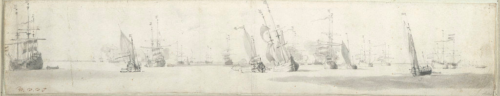 Detail of Dutch fleet at anchor, with states yachts under way by Willem Van de Velde the Younger