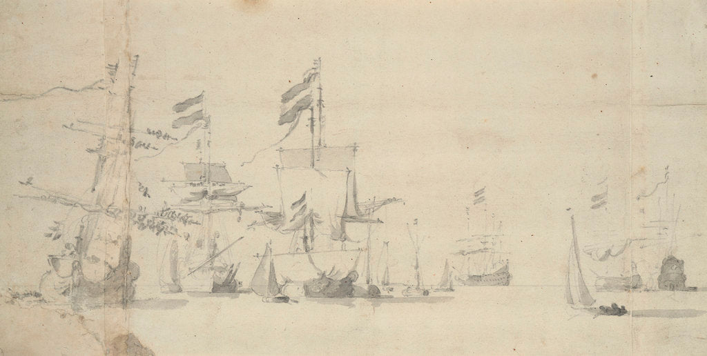 Detail of Dutch ships at anchor furling sails by Willem van de Velde the Elder