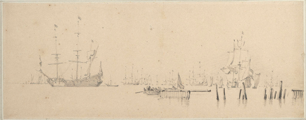 Detail of Dutch ships at anchor in harbour by Willem Van de Velde the Younger