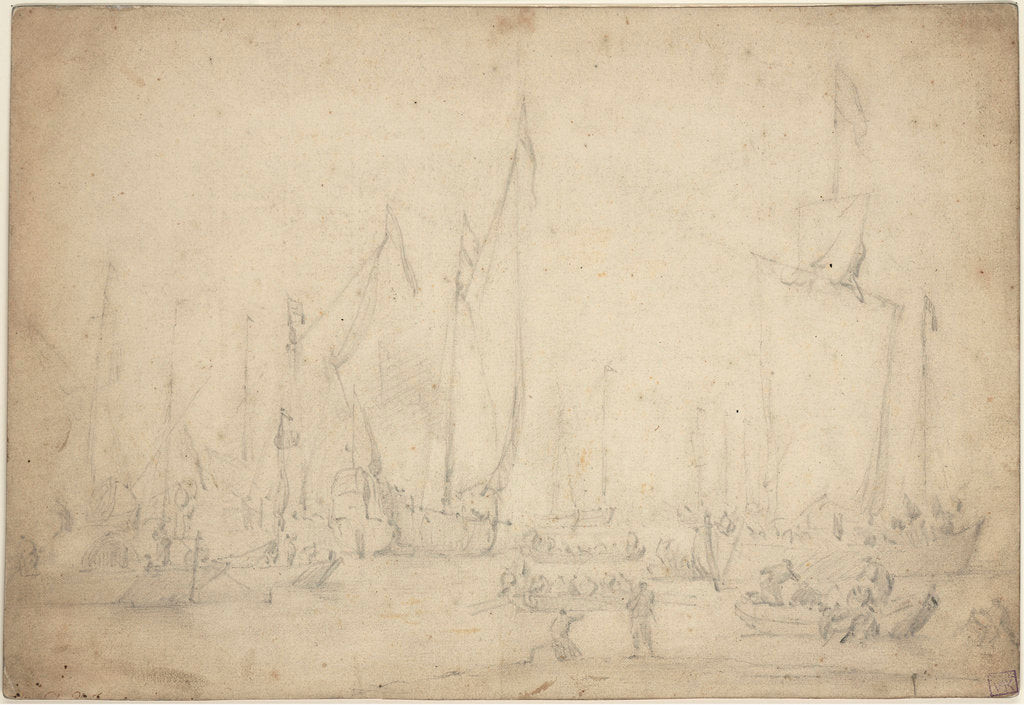 Detail of A crowded harbour showing a States yacht, hoeker and pont by Willem Van de Velde the Younger