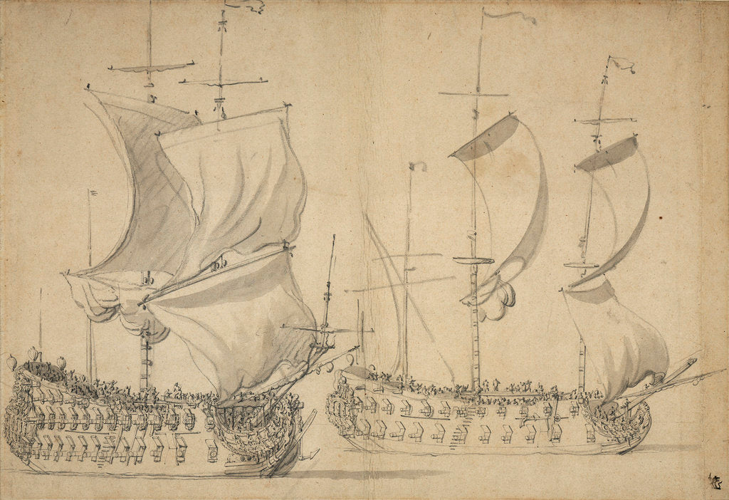 Detail of An English third-rate and fourth-rate under easy sail by Willem van de Velde the Elder