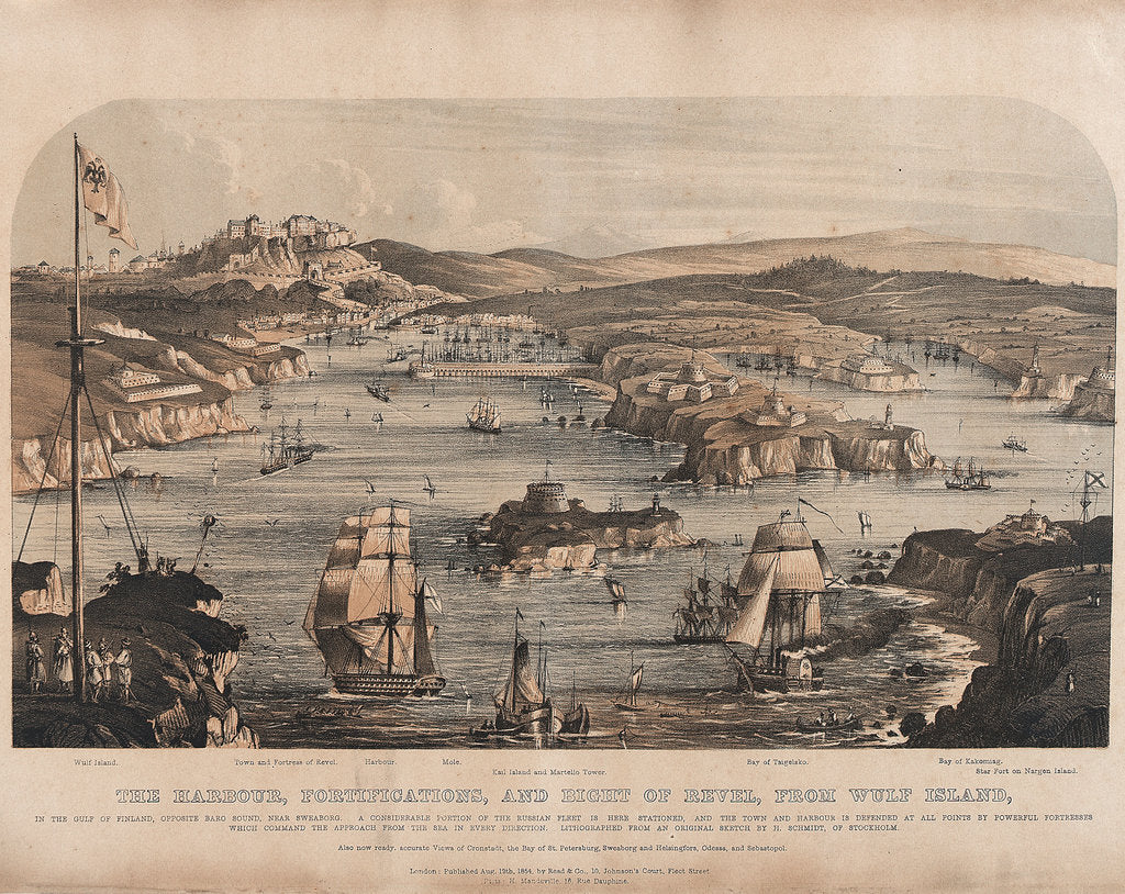 Detail of The harbour, fortifications, and Bight of Revel, from Wulf Island, in the Gulf of Finland, opposite Baro Sound, near Sweaborg... by H. Schmidt