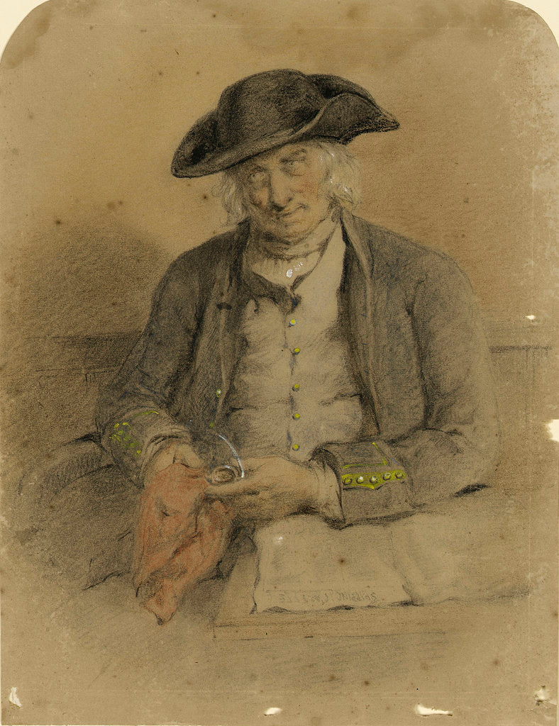 Detail of Portrait of a Greenwich Pensioner holding a red handkerchief and spectacles, with a copy of the 'Shipping Gazette' by unknown