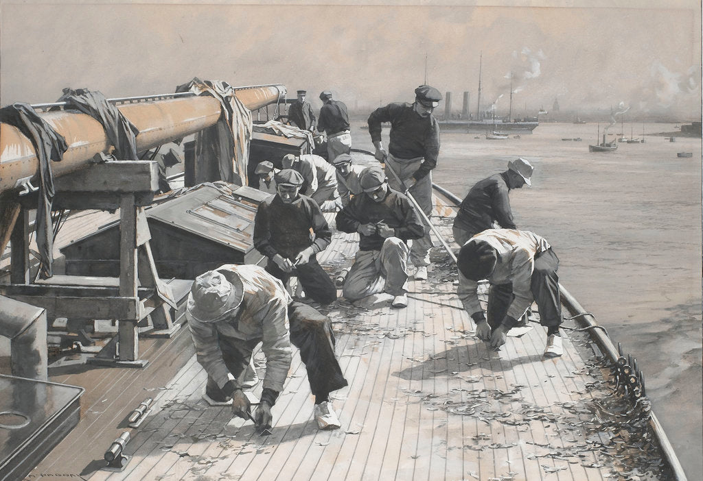 Detail of Fitting out a 23 metre racer - scraping deck of Brynhild by Charles M. Padday