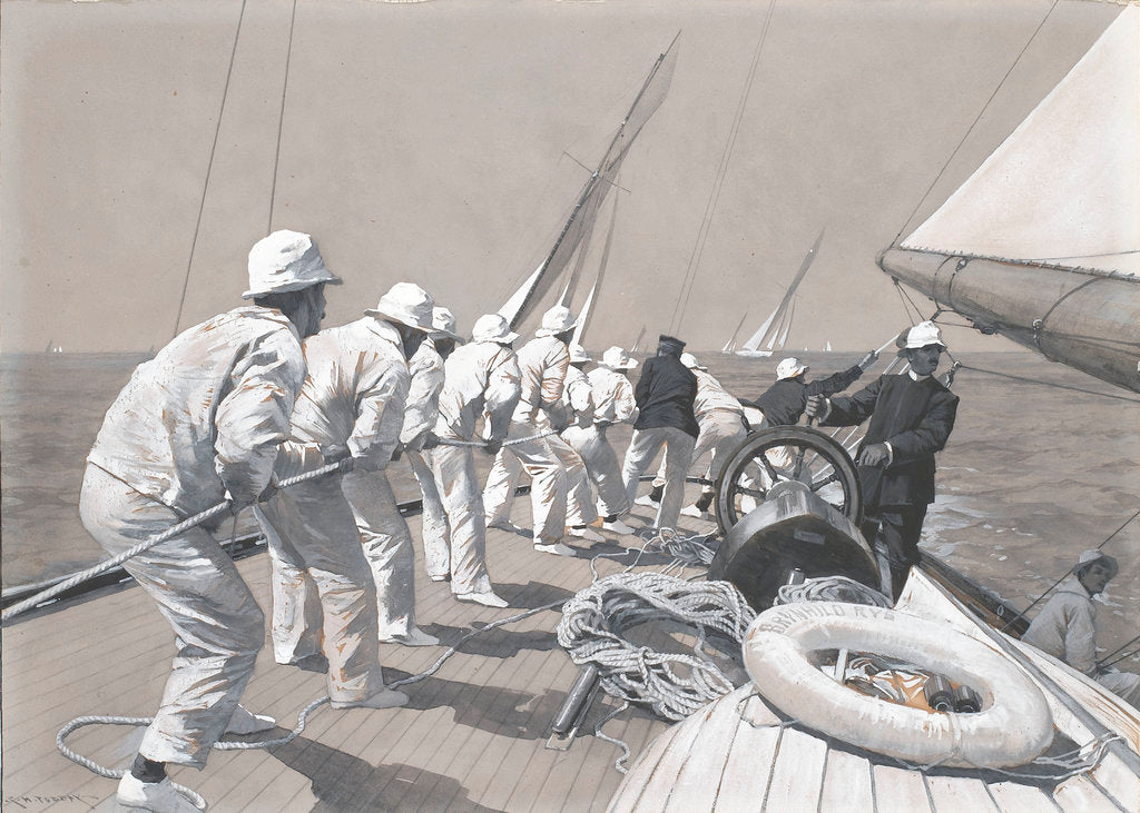 Detail of A pull on the main sheet on board 'Brynhild', winner of the Kings Cup by Charles M. Padday