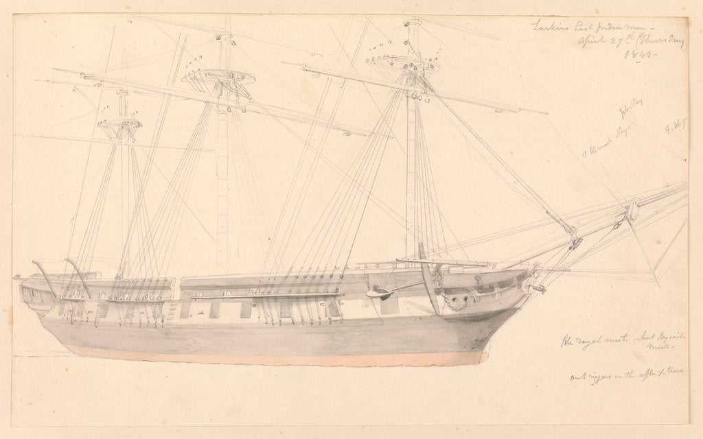 Detail of Annotated drawing of 'Larkin's East Indiaman, April 27th (Thursday) 1843' by John Christian Schetky