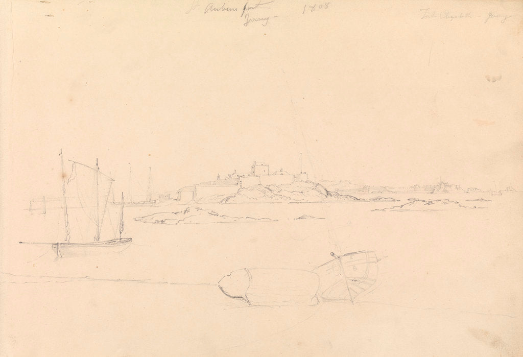 Detail of View of St. Aubins Fort Jersey showing Fort Elizabeth, 1808 by John Christian Schetky