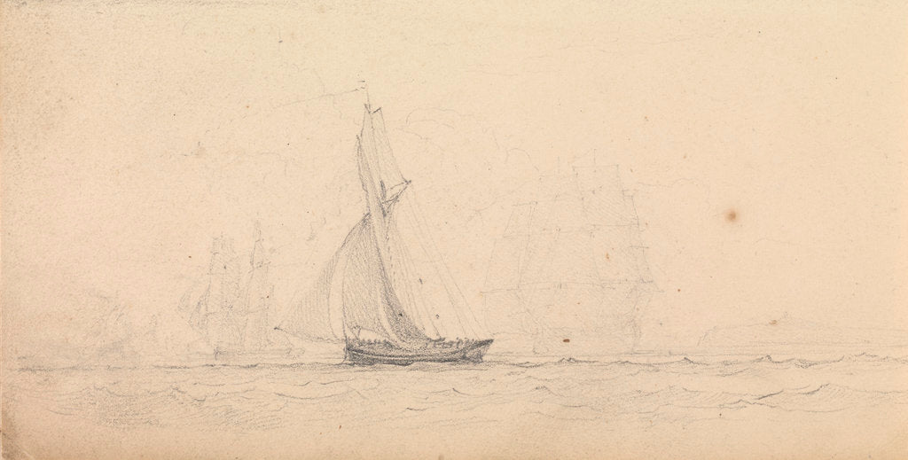 Detail of A cutter at sea with men of war and a headland in the distance by John Christian Schetky