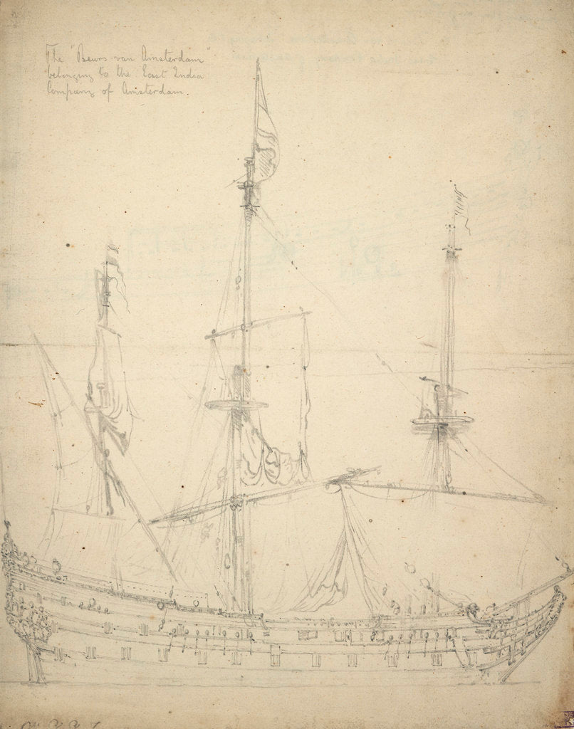 Detail of Portrait of the 'Beurs van Amsterdam'. Built in 1654 as an Indiaman. 52-guns. Taken into the States' service 1665. Returned to the Company 1666 by Willem Van de Velde the Younger